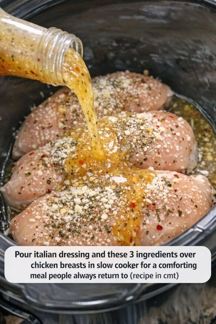 Pour italian dressing and these 3 ingredients over chicken breasts in slow cooker for a comforting meal people always return to