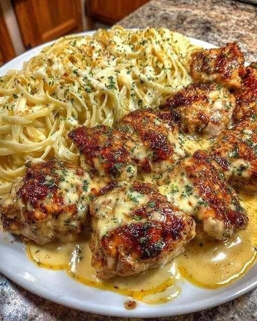 Garlic Butter Chicken Bites with Creamy Parmesan Pasta
