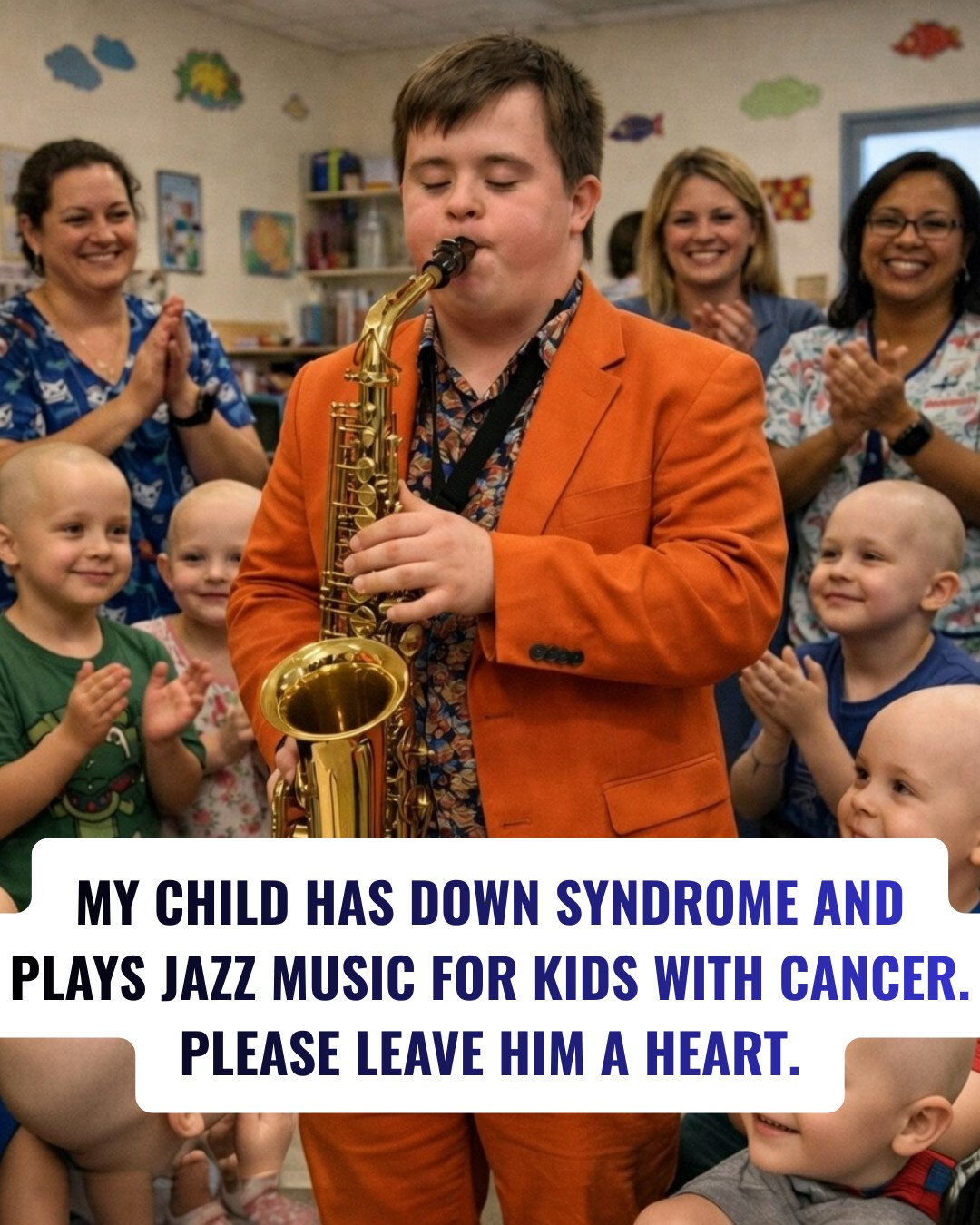 My child has Down syndrome and plays jazz music for kids with cancer. Please leave him a heart.